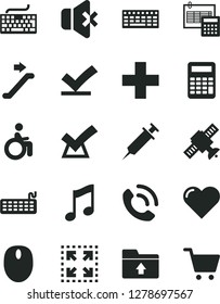 Solid Black Vector Icon Set - keyboard vector, plus, upload folder, calculation, heart, music, no sound, phone call, size, mouse, satellite, calculator, syringe, vote check, confirm, escalator, cart