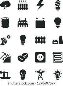 Solid Black Vector Icon Set - lightning vector, matte light bulb, saving, power socket type b, heating coil, new radiator, storm cloud, coffee beans, big solar panel, oil derrick, coal mining, pole