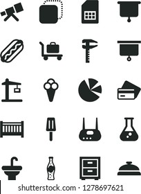 Solid Black Vector Icon Set - bedside table vector, baby cot, washbasin, copy, Hot Dog, bottle of soda, popsicle, cone, Construction crane, SIM card, calipers, pie charts, router, flask, telescope
