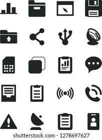 Solid Black Vector Icon Set - warning vector, archive, upload folder, speech, phone call, copy, satellite antenna, SIM, connection, chart, statistical report, usb, browser, floppy, wireless