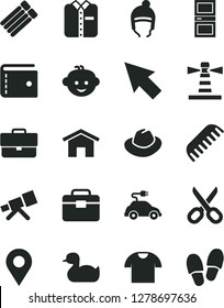 Solid Black Vector Icon Set - scissors vector, briefcase, purse, hat, rubber duck, comb, children's hairdo, winter, portfolio, interroom door, home, T shirt, folded, electric car, lighthouse, cursor
