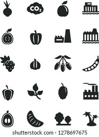 Solid Black Vector Icon Set - beet vector, grape, mulberry, goji berry, slice of tangerine, half loquat, guava, guawa, Bell pepper, ripe, garlic, peas, leaves, hydroelectric station, trees