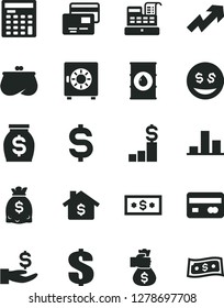 Solid Black Vector Icon Set - growth up vector, dollar, strongbox, cards, oil, reverse side of a bank card, chart, denomination the, get wage, purse, money, dollars, engineer calculator, bag hand