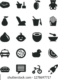 Solid Black Vector Icon Set - image of thought vector, car child seat, baby duckling, toy sand set, children's, deep plate with a spoon, small teddy bear, funny hairdo, bicycle, pizza, apple pie