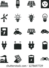 Solid Black Vector Icon Set - dangers vector, charge level, charging battery, solar panel, wind energy, factory, accumulator, bulb, hydroelectric station, plug, electric, socket, mercury light, car