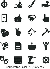 Solid Black Vector Icon Set - scribbled paper vector, chest of drawers, measuring cup for feeding, shoes little children, big core, drill, arm saw, hammer with claw, index finger, shipment, potato