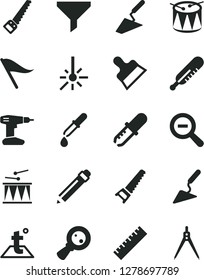 Solid Black Vector Icon Set - graphite pencil vector, yardstick, zoom out, wind direction indicator, mercury thermometer, drumroll, drum, trowel, building, drill, hand saw, arm, putty knife, outdoor