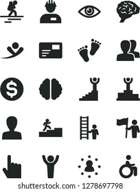 Solid Black Vector Icon Set - woman vector, women, footprints, workman, index finger, eye, pass card, dollar, brain, winner podium, carrer stairway, man hands up, hold flag, with ladder, flying
