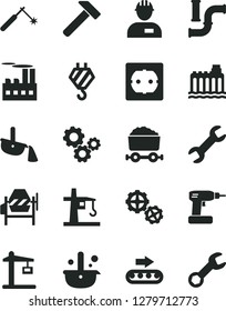Solid Black Vector Icon Set - workman vector, hook, gears, concrete mixer, cordless drill, power socket type f, hammer, water pipes, hydroelectricity, industrial building, production conveyor, steel
