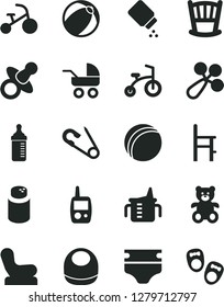 Solid Black Vector Icon Set - cradle vector, dummy, measuring cup for feeding, bottle, diaper, powder, baby, bib, rattle, chair, carriage, open pin, bath ball, toy mobile phone, a, teddy bear