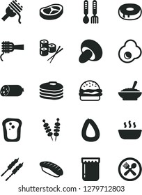 Solid Black Vector Icon Set - iron fork spoons vector, sausage, stick of, fried vegetables on sticks, burger, spaghetti, noodles, porcini, cake with a hole, bowl buckwheat porridge, hot, bacon, egg