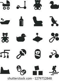 Solid Black Vector Icon Set - toys over the cradle vector, measuring bottle for feeding, beanbag, baby rattle, chair, carriage, summer stroller, rubber duck, duckling, children's bathroom, potty