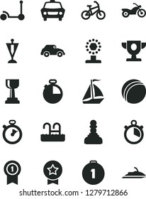 Solid Black Vector Icon Set - bath ball vector, Kick scooter, timer, car, retro, stopwatch, prize, cup, gold, pawn, pennant, first place medal, with, star, sail boat, bike, motorcycle, pool, jet ski