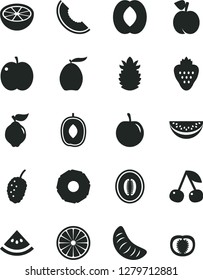 Solid Black Vector Icon Set - strawberry vector, cherry, peach, apple, quince, tasty mulberry, slice of melon, loquat, delicious plum, half, water, tangerine, orange, ripe pineapple, grapefruit