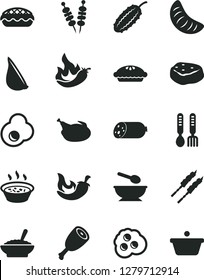 Solid Black Vector Icon Set - deep plate with a spoon vector, iron fork spoons, sausage, fried vegetables on sticks, pie, apple, bowl of buckwheat porridge, in saucepan, chicken, thigh, barbecue