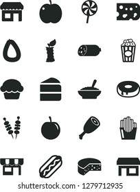 Solid Black Vector Icon Set - kiosk vector, sausage, stick of, piece cheese, fried vegetables on sticks, Hot Dog, cake, with a hole, bowl buckwheat porridge, chicken thigh, lollipop, potato slices