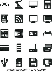 Solid Black Vector Icon Set - floppy disk vector, monitor, window, bank card, calculator, rss feed, screen, cards, processor, assembly robot, SIM, engineer, pc power supply, tower, motherboard, usb