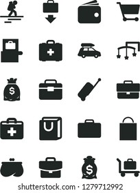 Solid Black Vector Icon Set - briefcase vector, paper bag, first aid kit, toys over the cot, medical, portfolio, suitcase, with handles, cart, wallet, purse, dollars, money, car baggage, backpacker