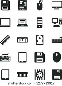 Solid Black Vector Icon Set - floppy disk vector, laptop, keyboard, screen, computer, tablet pc, notebook, radiator fan, mouse, tower, motherboard, memory, hdd