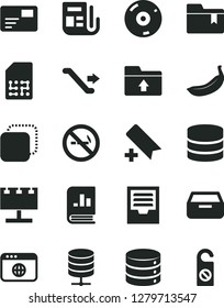 Solid Black Vector Icon Set - add bookmark vector, archive, folder, upload, big data, server, pass card, drawer, copy, banana, SIM, billboard with illumination, book on statistics, morning paper, cd