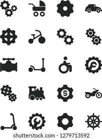 Solid Black Vector Icon Set - truck lorry vector, baby carriage, children's train, tricycle, Kick scooter, child, cogwheel, gear, star, valve, gears, retro car, dollar, motorcycle, disabled