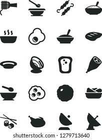 Solid Black Vector Icon Set - deep plate with a spoon vector, plates and spoons, noodles, bowl of buckwheat porridge, rice, hot, lettuce in, chicken, grill leg, chop, meat on skewers, cabbage