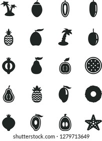Solid Black Vector Icon Set - a pineapple vector, medlar, half of, mango, loquat, date fruit, passion, sweet, tamarillo, guawa, slice, ripe guava, part, palm tree, starfish