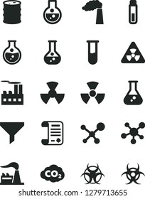 Solid Black Vector Icon Set - round flask vector, manufacture, factory, barrel, industrial building, radiation, carbon dyoxide, filter, research article, test tube, molecule, nuclear, biohazard