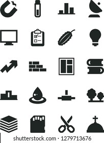 Solid Black Vector Icon Set - matte light bulb vector, monitor, scissors, growth up, books, brick wall, window, pile, survey, cucumber, trees, drop of oil, horseshoe magnet, satellite antenna, chart