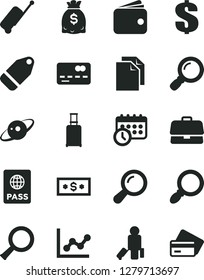 Solid Black Vector Icon Set - clean paper vector, dollar, graph, passport, label, briefcase, front of the bank card, wallet, dollars, magnifier, schedule clock, zoom, saturn, passenger, case, credit
