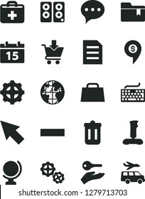Solid Black Vector Icon Set - keyboard vector, first aid kit, minus, folder bookmark, gears, calendar, speech, globe, put in cart, gear, planet, hand bag, pc speaker, trash bin, joystick, cursor