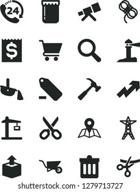 Solid Black Vector Icon Set - scissors vector, magnifier, growth up, remove label, building trolley, hawser, hammer with claw, dust bin, map, cart, 24, unpacking, jam, power line, Construction crane