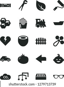 Solid Black Vector Icon Set - left direction vector, toys over the cot, baby rattle, bath, funny hairdo, children's train, adjustable wrench, new roller, building level, brick, fence, broken heart