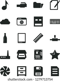 Solid Black Vector Icon Set - star vector, nightstand, notes, Glass bottle, tablet pc, fan, keyboard, motherboard, memory, usb, router, scanner, browser, folder, connect, floppy, lan connector, note