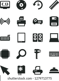 Solid Black Vector Icon Set - calipers vector, tablet pc, notebook, keyboard, power supply, cpu, memory, cd, printer, speaker, floppy, coding, wireless, projector, magnifier, history, cursor
