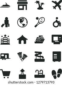 Solid Black Vector Icon Set - earth vector, camper, passenger, plane, baggage, atm, boungalow, palm tree, pool, aquapark, flippers, hotel, disabled, tennis, safe, store, cart, jet ski, cruiser