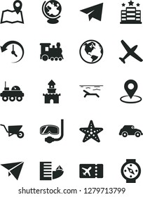Solid Black Vector Icon Set - paper airplane vector, building trolley, retro car, geolocation, history, globe, lunar rover, plane, sand castle, earth, train, ticket, hotel, beach, starfish, map