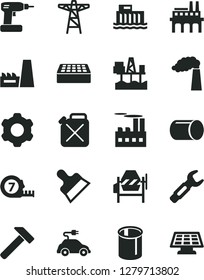 Solid Black Vector Icon Set - cogwheel vector, concrete mixer, cordless drill, long meashuring tape, brick, putty knife, hammer, commercial seaport, manufacture, hydroelectric station, power pole