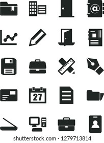 Solid Black Vector Icon Set - daily calendar vector, briefcase, graph, folder bookmark, ntrance door, city block, writing accessories, address book, pass card, pencil, computer, motherboard, scanner