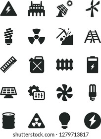 Solid Black Vector Icon Set - danger of electricity vector, matte light bulb, ladder, saving, new radiator, marine propeller, charging battery, big solar panel, coal mining, wind energy, barrel, sun