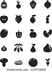 Solid Black Vector Icon Set - onion vector, mushroom, beet, strawberry, pear, peach, quince, tasty apple, fig, medlar, goji berry, half loquat, coconut, grapefruit, stub, Bell pepper, garlic, beans