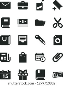 Solid Black Vector Icon Set - scissors vector, add bookmark, archive, e, stationery knife, calendar, envelope, bag with handles, clip, portfolio, cash, morning paper, gift, folder, schedule clock