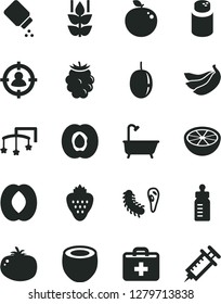 Solid Black Vector Icon Set - first aid kit vector, toys over the cot, feeding bottle, powder, baby, bath, tomato, strawberry, mint, half apricot, blackberry, peach, passion fruit, bananas, bactery