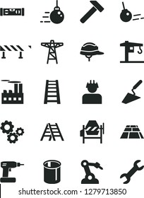 Solid Black Vector Icon Set - crane vector, big core, trowel, concrete mixer, cordless drill, stepladder, ladder, building level, helmet, paving slab, road fence, hammer, power pole, industrial