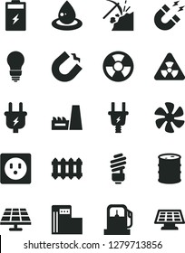 Solid Black Vector Icon Set - saving light bulb vector, new radiator, marine propeller, charging battery, solar panel, coal mining, gas station, modern, barrel, plug, electric, socket, drop of oil