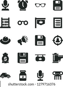Solid Black Vector Icon Set - desktop microphone vector, floppy disk, hat, camera roll, new abacus, alarm clock, jar of jam, retro car, vintage sign, antique advertising signboard, man in sight