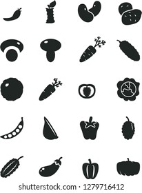 Solid Black Vector Icon Set - mushroom vector, cabbage, cucumber, peper, garlic, carrot, squash, mulberry, apple stub, half tomato, Bell pepper, red, potato, peas, beans, mashroom, eggplant, pumpkin