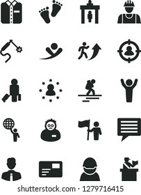 Solid Black Vector Icon Set - image of thought vector, footprints, builder, employee, pass card, folded shirt, racer, gas welding, man in sight, scientist, arrow up, hold world, hands, flag, flying