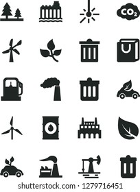 Solid Black Vector Icon Set - bin vector, dust, bag with handles, working oil derrick, leaves, leaf, gas station, windmill, wind energy, manufacture, factory, hydroelectricity, forest, industrial