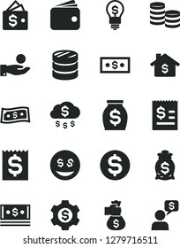 Solid Black Vector Icon Set - coins vector, column of, dollar, article on the, financial item, catch a coin, wallet, money, cash, bag hand, rain, mortgage, gear, idea, eyes, dialog
